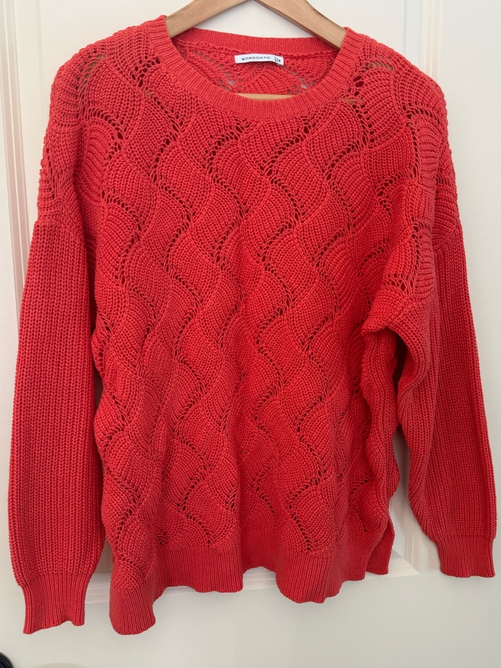 STACCATO Coral Red Wavy Chevron Open Knit Crewneck Pullover Sweater Relaxed Sz M